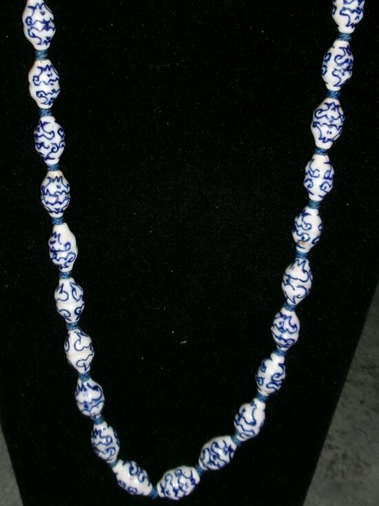Jewelry - Vintage Chinese Blue & White Painted Porcelain Bead Hand-Knotted 24" Necklace